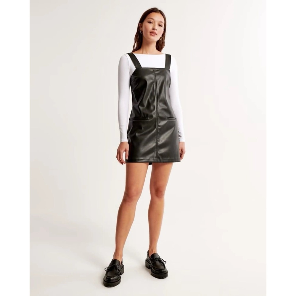 Abercrombie & Fitch Black Vegan Leather Mini Pinafore Dress Size Large NWT